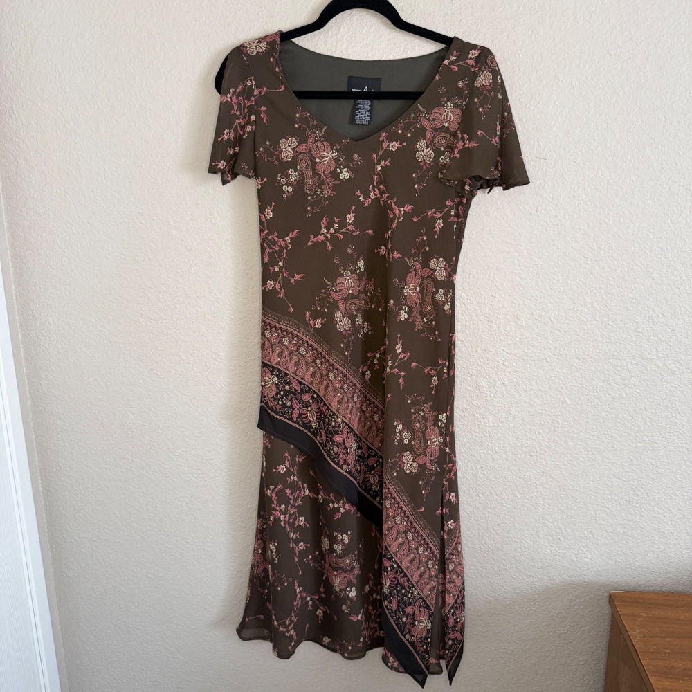 Vintage Y2K Forest Fairy Brown Floral Paisley Cottage Scarf Print Midi Dress 4P